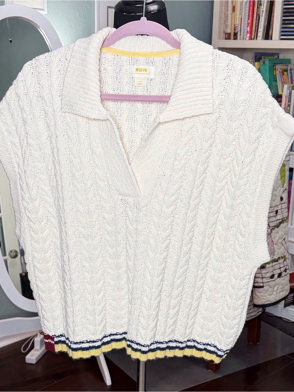 Maeve Cream Cable-Knit Collared Sweater Vest with Striped Hem
